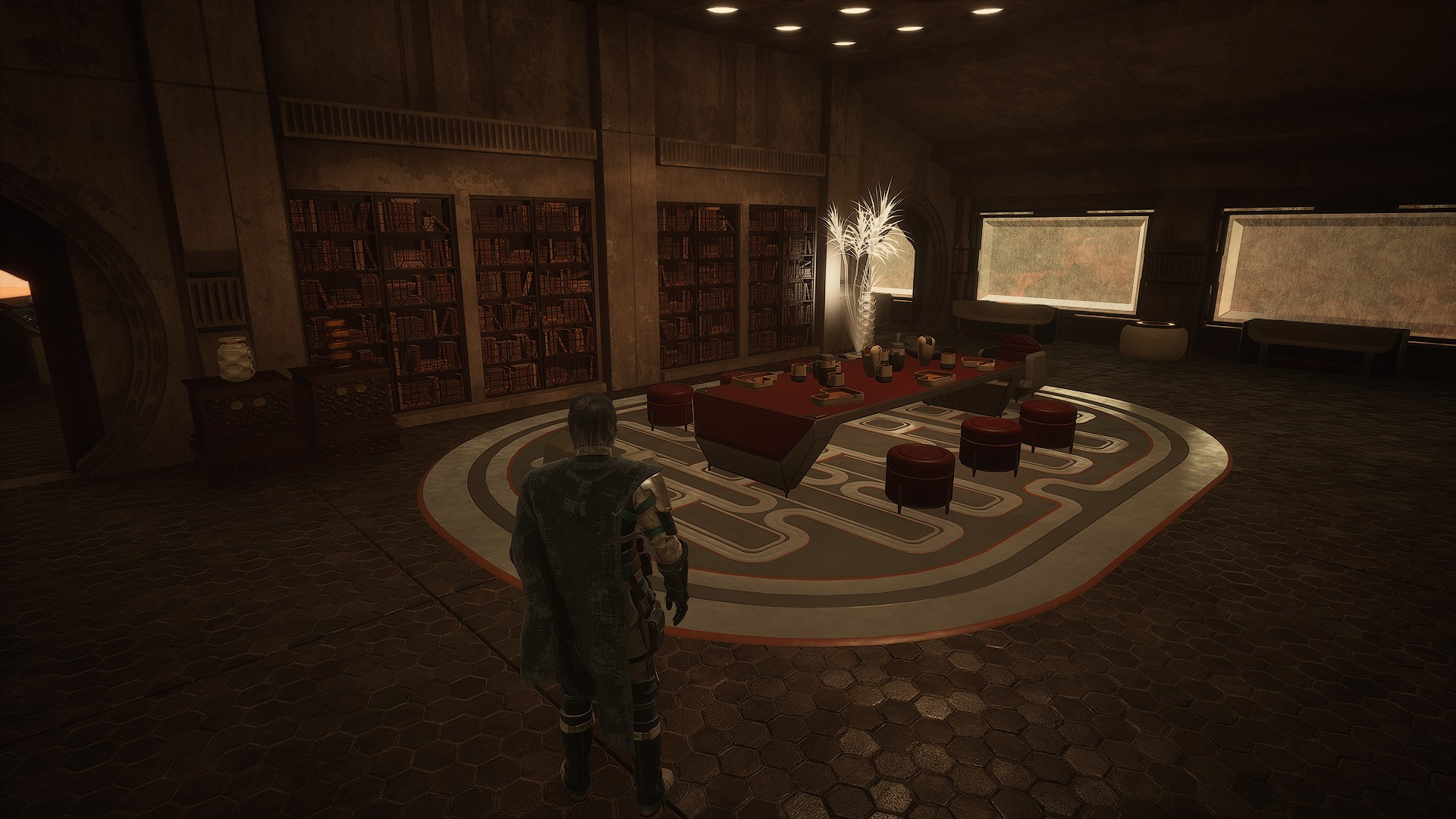 Meeting table and library wall in the shared room
