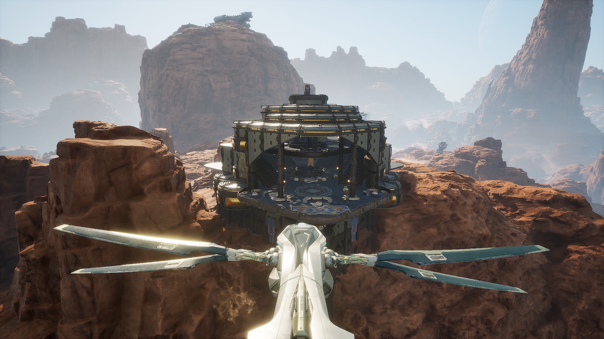 Front approach to the Xenth Kartel Lookout from a cliffside flight path