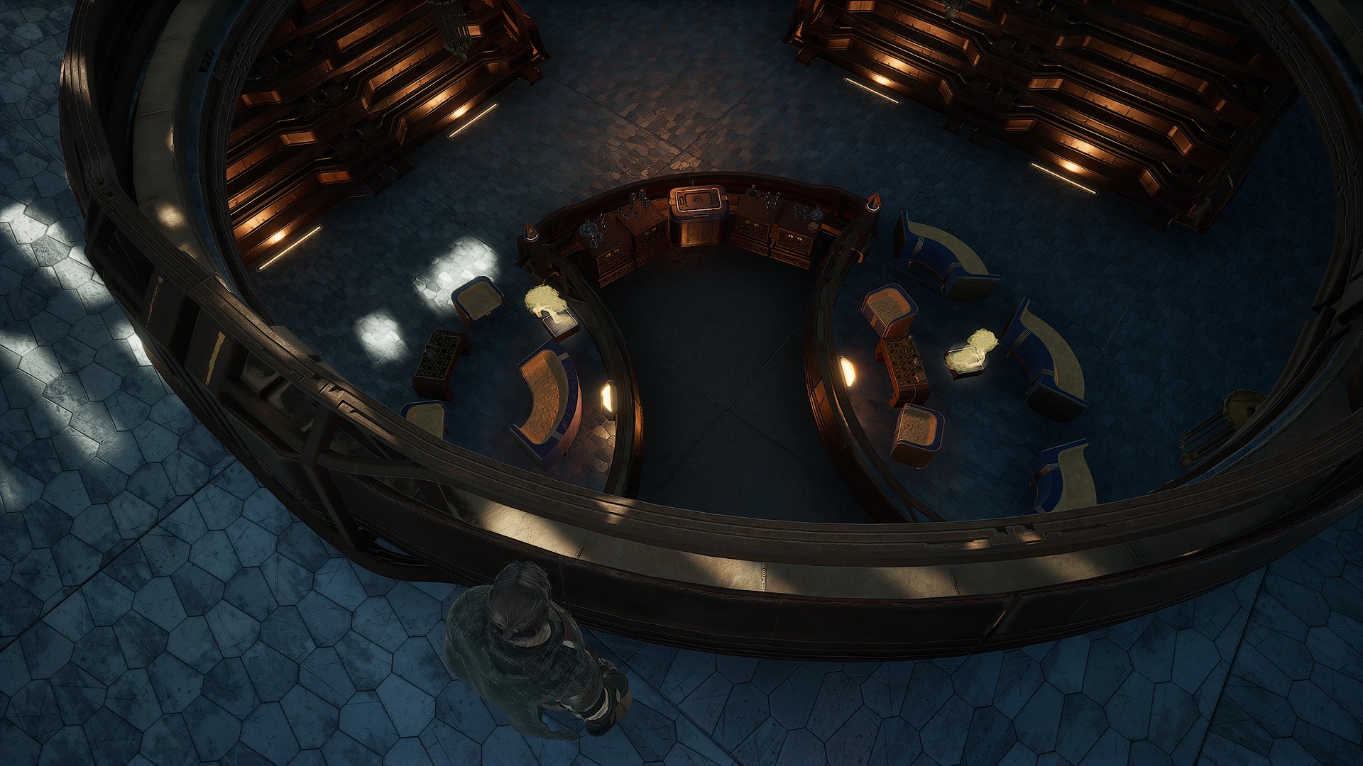 Overhead view of the circular lounge and bar