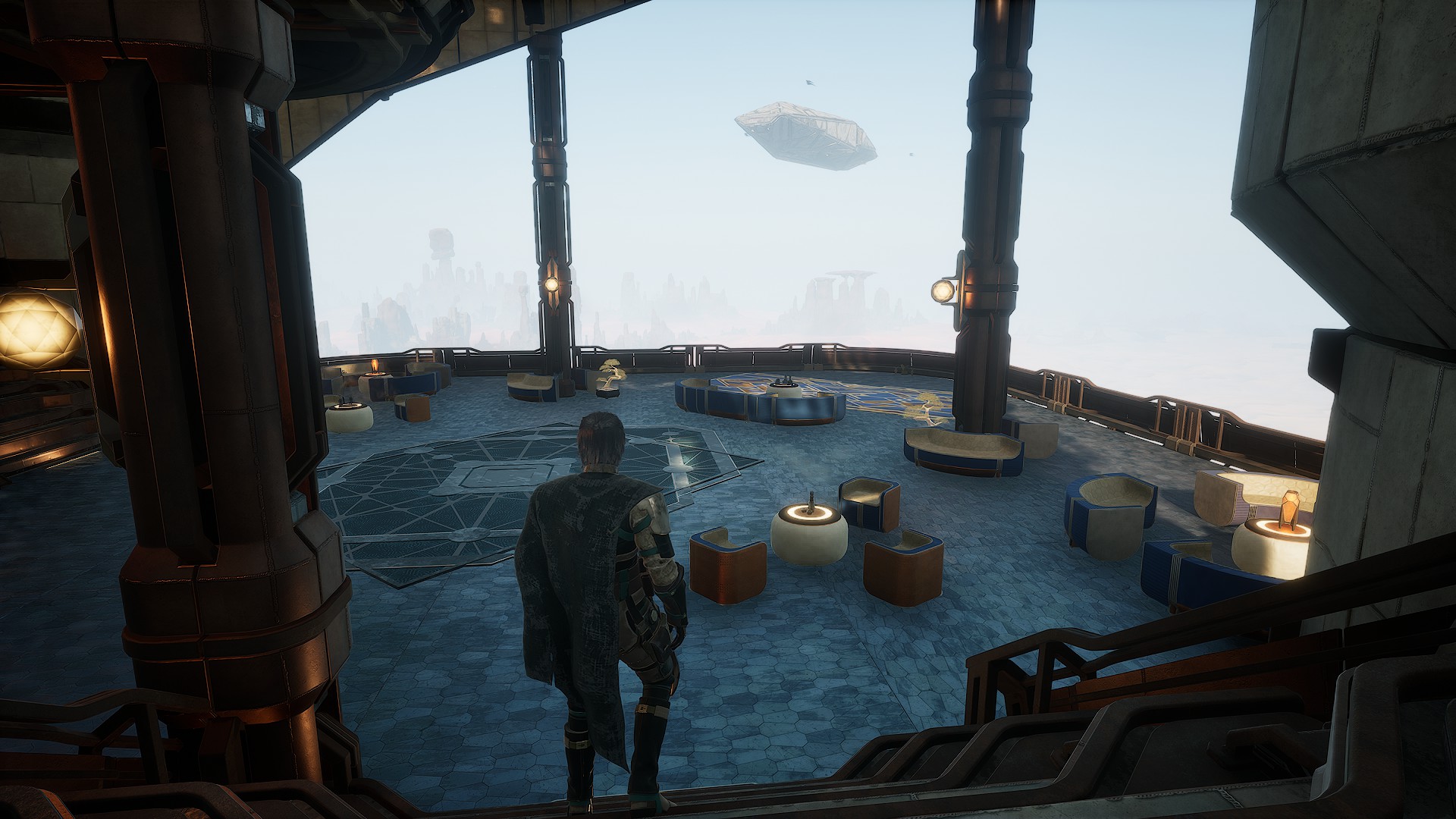 Upper lounge approach across the observation floor