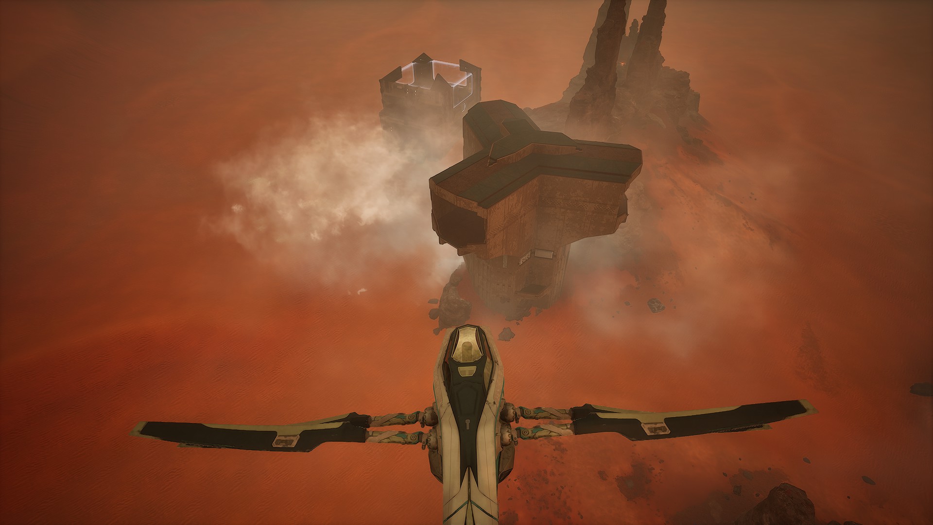 Aerial approach over the Xenth Kartel Outpost